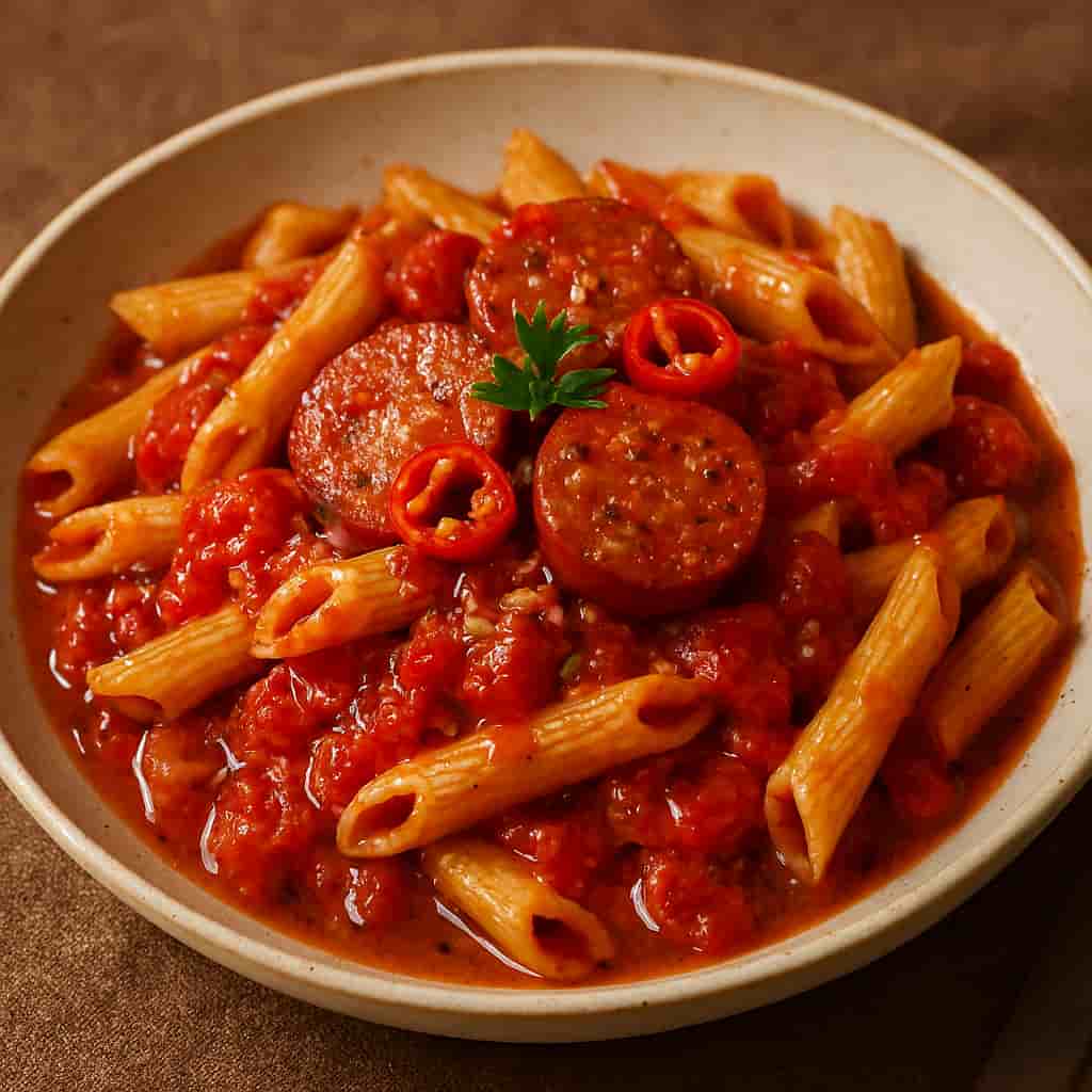 鲜番茄辣⾁肠⻓通粉